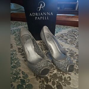 Adrianna Papell Foxy Silver Metallic  Lace Peep-Toe Ribestones Heels